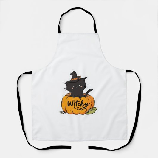 カボチャに魔女帽子をかぶった可愛い黒猫、かわいいs エプロン (正面)
