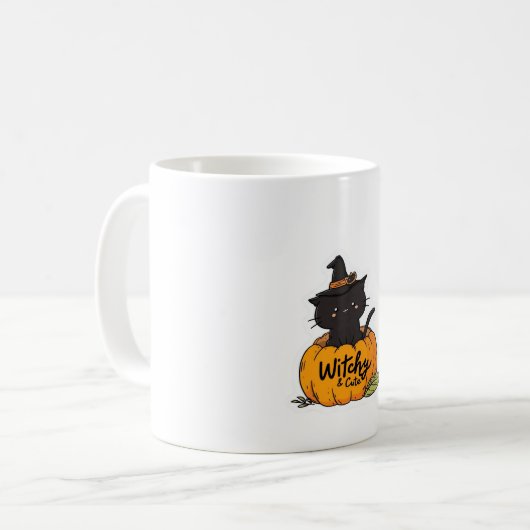 カボチャに魔女帽子をかぶった可愛い黒猫、かわいいs コーヒーマグカップ (正面左)