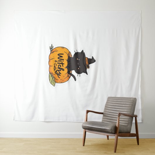 カボチャに魔女帽子をかぶった可愛い黒猫、かわいいs タペストリー (インサイチュ(横))