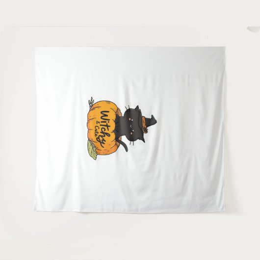 カボチャに魔女帽子をかぶった可愛い黒猫、かわいいs タペストリー (正面(横))