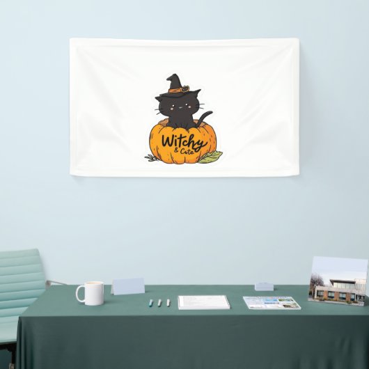 カボチャに魔女帽子をかぶった可愛い黒猫、かわいいs 横断幕 (トレードショー)