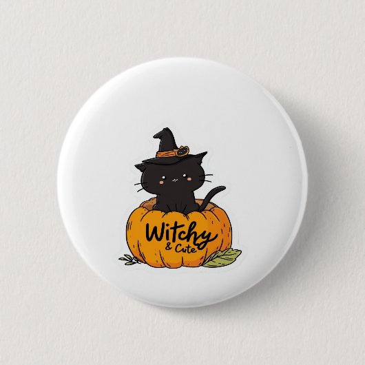 カボチャに魔女帽子をかぶった可愛い黒猫、かわいいs 缶バッジ (正面)