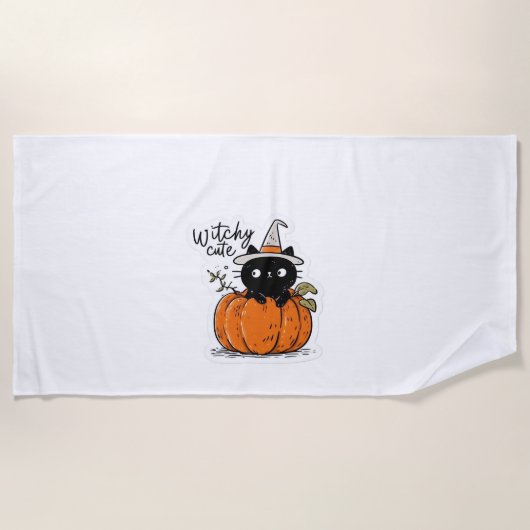 カボチャに魔女帽Tをかぶった可愛クラシックい黒猫 ビーチタオル (正面)
