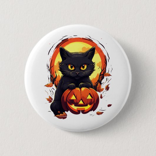 カボチャのかわいいハロウィーン黒猫 缶バッジ (正面)