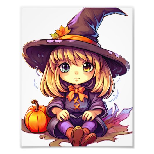 カボチャのかわいい紫色のハロウィーンの魔女 フォトプリント            (正面)