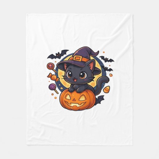 カボチャのかわいい魔女ネコ – Halloween Art Oversize フリースブランケット (正面)