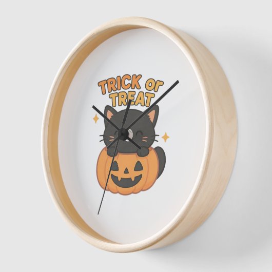 カボチャのかわいい黒猫 – トリックまたは治療のかわいい 壁時計 (傾斜)