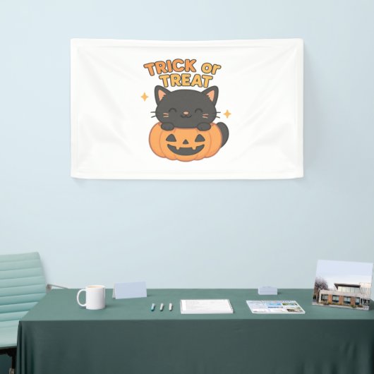 カボチャのかわいい黒猫 – トリックまたは治療のかわいい 横断幕 (トレードショー)