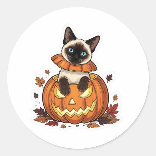 カボチャのぞくシャム語 – かわいいハロウィンシャム猫 ラウンドシール (正面)
