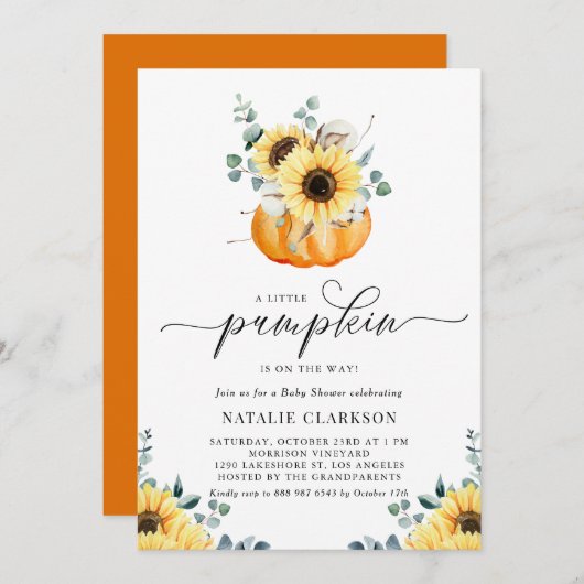 カボチャのひまわり素朴秋赤ちゃんシャワー 招待状 (正面/裏面)