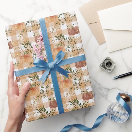 カボチャのオレンジと白のチェックラッピング紙 ラッピングペーパー (ギフト)