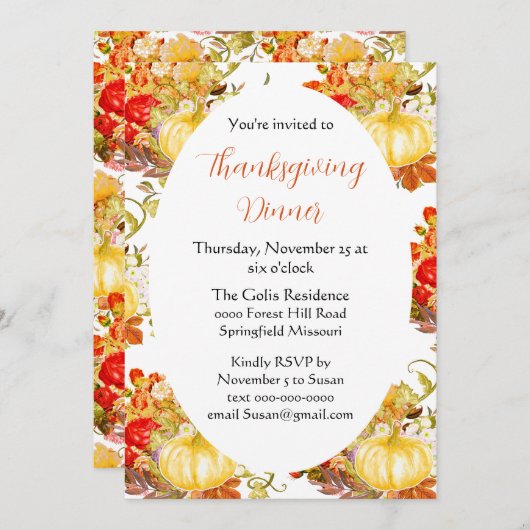 カボチャのオレンジ色の花感謝祭ディナー 招待状 (正面/裏面)