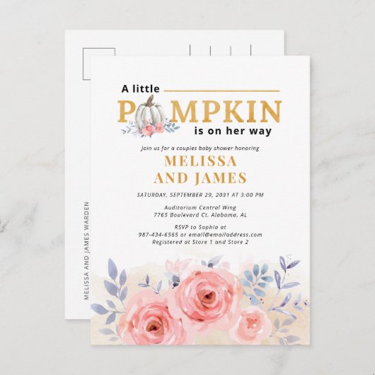カボチャのカップル赤ちゃんシャワー水カラーフローラ インビテーションポストカード (正面/裏面)