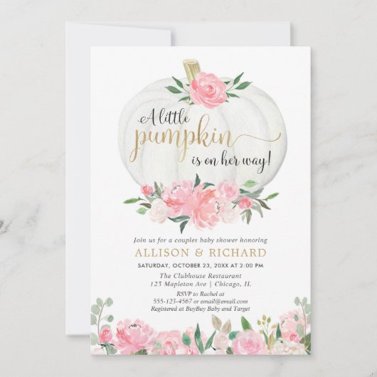 カボチャのカップル赤ちゃんシャワー、ピンクの金ゴールド エレガント 招待状 (正面)