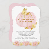 カボチャのカップル赤ちゃんシャワー、ピンクエレガント金ゴールド 招待状 (正面/裏面)