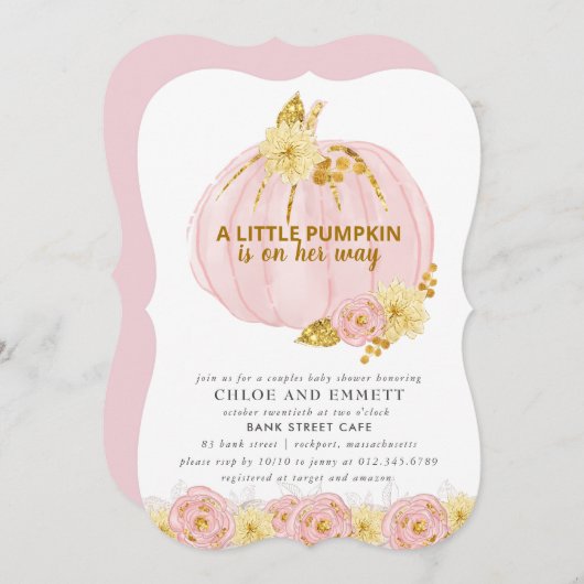 カボチャのカップル赤ちゃんシャワー、ピンクエレガント金ゴールド 招待状 (正面/裏面)