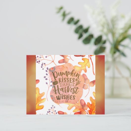 カボチャのキス 秋の願い 紅葉の季節 ポストカード (スタンド正面)