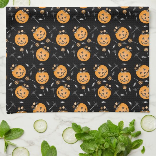 カボチャのキャンディバケットトリックまたはオレンジブラックを処理 キッチンタオル (折り畳み)