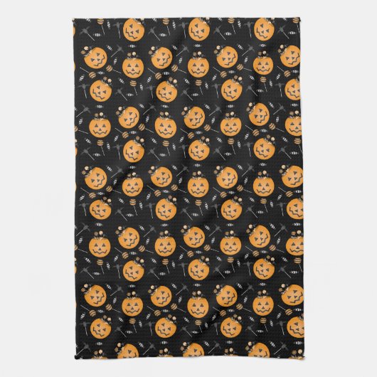 カボチャのキャンディバケットトリックまたはオレンジブラックを処理 キッチンタオル (縦)