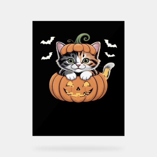 カボチャのクラシックTシャツの可愛いハロウィン猫 アクリルサイン (正面)