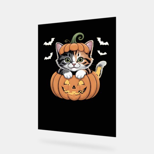 カボチャのクラシックTシャツの可愛いハロウィン猫 アクリルサイン (傾斜)