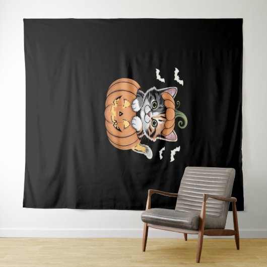 カボチャのクラシックTシャツの可愛いハロウィン猫 タペストリー (インサイチュ(横))