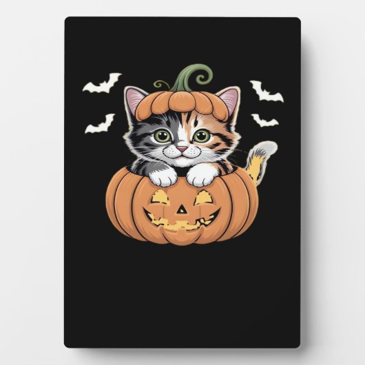 カボチャのクラシックTシャツの可愛いハロウィン猫 フォトプラーク (正面)