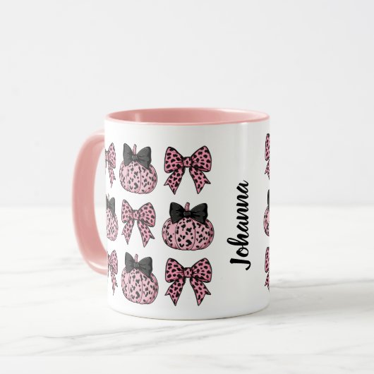 カボチャのコケットとピンクパーソナライズされたの弓 マグカップ (正面左)