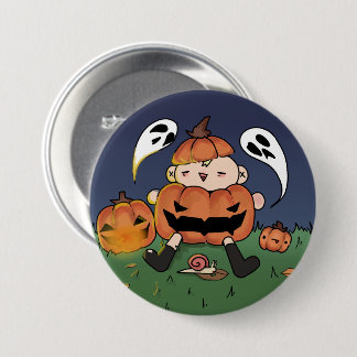 カボチャのコスチュームを着たちびキャラ、ハロウィンテーマのボタン 缶バッジ