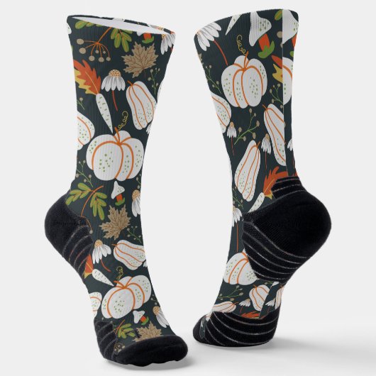 カボチャのシームレスなパターンフローラブラックとホワイトwr ソックス (傾斜あり)