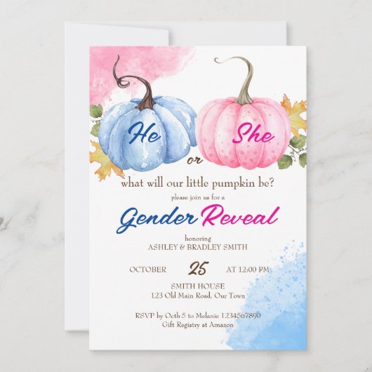 カボチャのジェンダーがピンクとブルーのテンプレートを明らかにする 招待状 (正面)