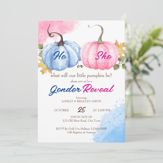 カボチャのジェンダーがピンクとブルーのテンプレートを明らかにする 招待状 (スタンド正面)