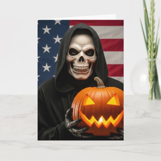 カボチャのジャック・オ・ランタンと骸骨のハロウィン カード (正面)