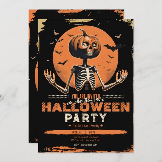 カボチャのスケルトンヴィンテージハロウィーンの衣装パーティー 招待状 (正面/裏面)