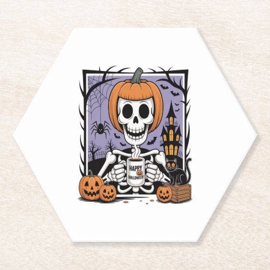 カボチャのスケルトン飲みコーヒー ペーパーコースター (正面)