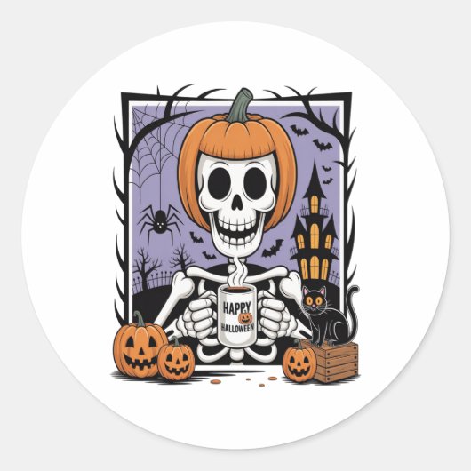 カボチャのスケルトン飲みコーヒー ラウンドシール (正面)