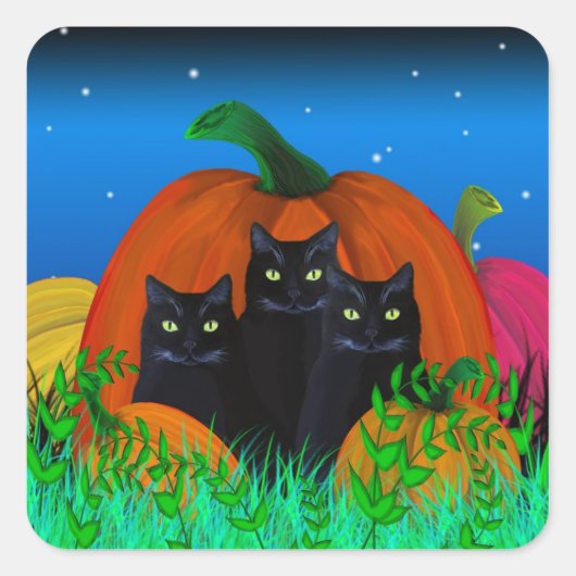 カボチャのステッカー付き黒ハロウィーン猫 スクエアシール (正面)