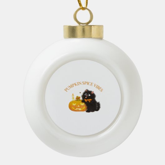 カボチャのスパイスビーブ，ハロウィーン，黒猫，カボチャ セラミックボールオーナメント (正面)