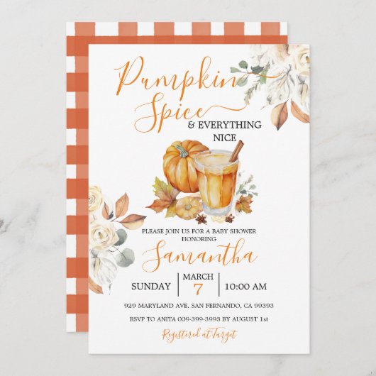 カボチャのスパイスベビーシャワーと全ていい 招待状 (正面/裏面)