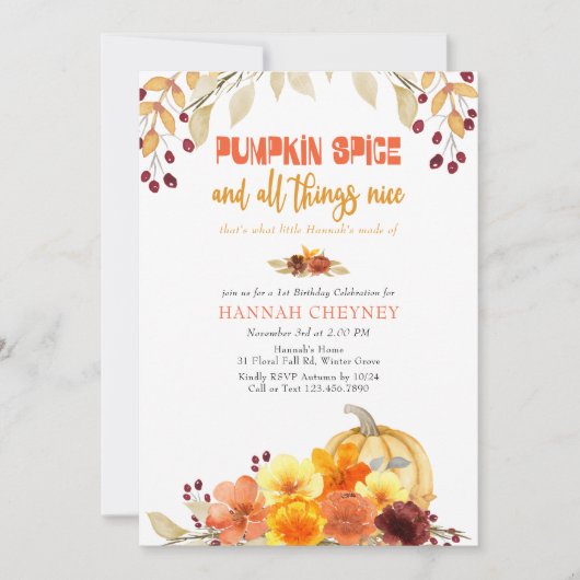 カボチャのスパイス詩の秋の花任意の年齢誕生日 招待状 (正面)