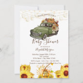 カボチャのトラック、木のテクスチャ、ひまわり赤ちゃんシャワー 招待状 (正面)