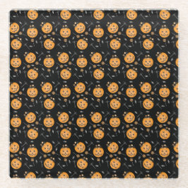 カボチャのトリックまたはトリートバケットこうもりキャンディパターン ガラスコースター