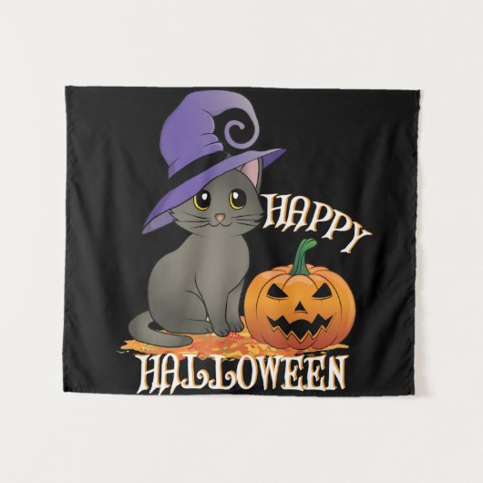 カボチャのハッピーハロウィーン猫 タペストリー (正面(横))