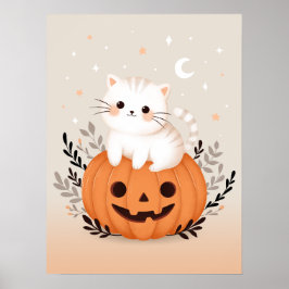 カボチャのハロウィンに座ってかわいいモダン子猫 ポスター