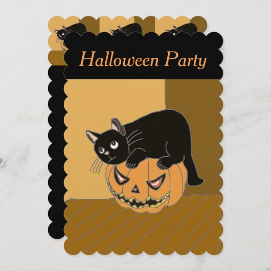 カボチャのハロウィンの誘いで可愛い猫。 招待状 (正面/裏面)
