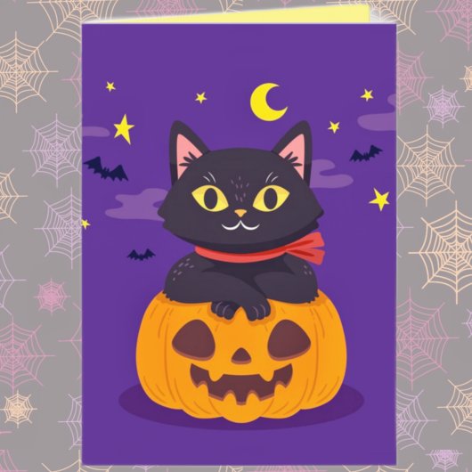 カボチャのハロウィンカードに登場する可愛い黒猫 カード