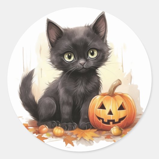 カボチャのハロウィンステッカーのかわいい子猫 ラウンドシール (正面)