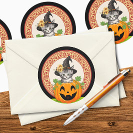 カボチャのハロウィンステッカーの子猫 ラウンドシール