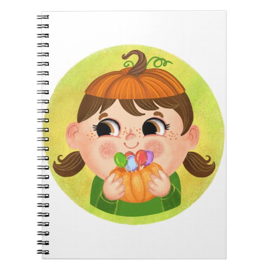 カボチャのハロウィーンの衣装を着たかわいい女の子 ノートブック (正面)