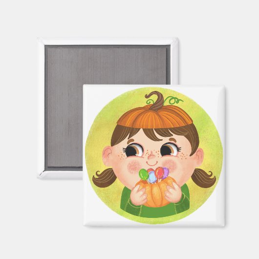 カボチャのハロウィーンの衣装を着たかわいい女の子 マグネット (正面/裏面)